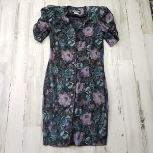 All That Jazz Vintage 80’s Short Sleeve Black Floral Midi Dress Women Size 9/10